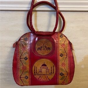 Vintage Artisan Genuine Leather Red and Tan Handmade From India Shoulder Bag